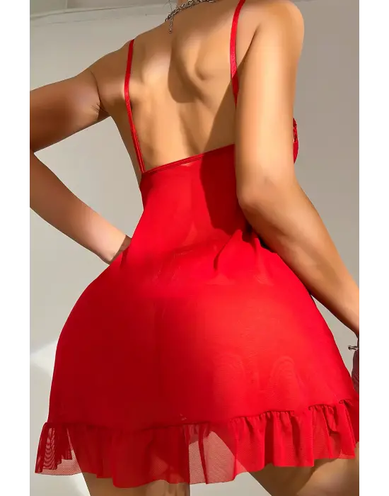 Omarı İnce Detaylı Kırmızı Tül Gecelik Takımı