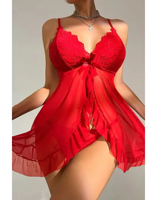 Omarı İnce Detaylı Kırmızı Tül Gecelik Takımı