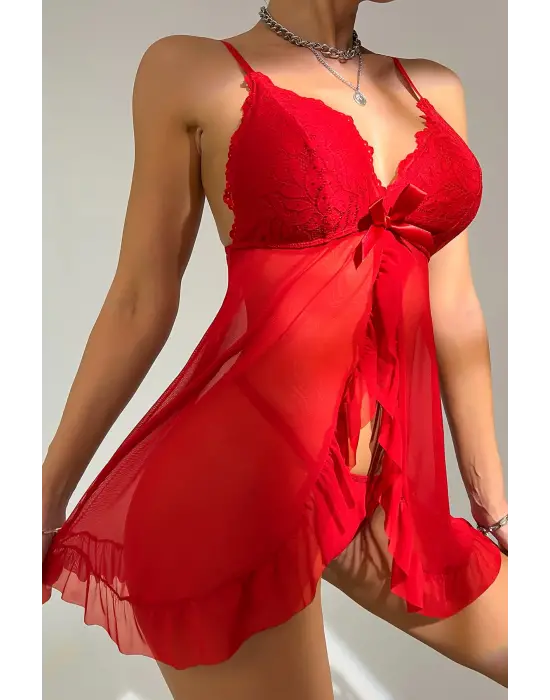 Omarı İnce Detaylı Kırmızı Tül Gecelik Takımı