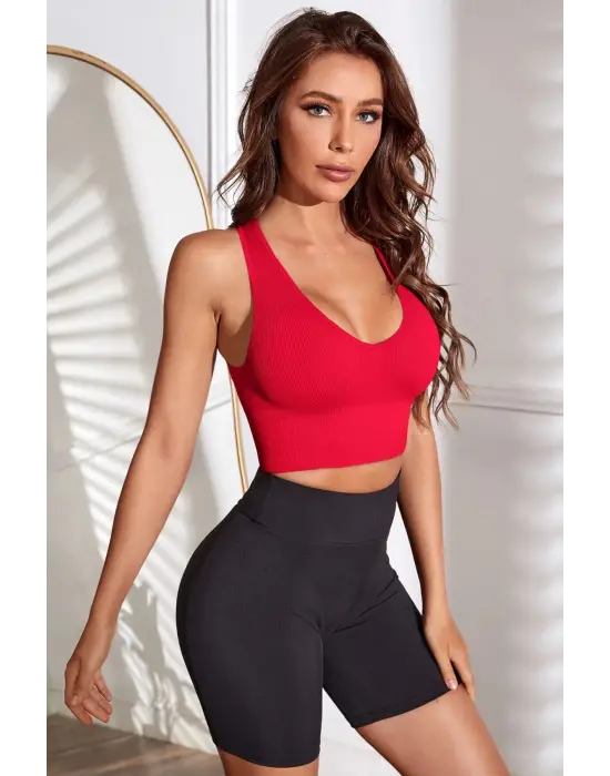 Omarı Derin Göğüs Dekolteli Kırmızı Kadın Crop Top Bluz