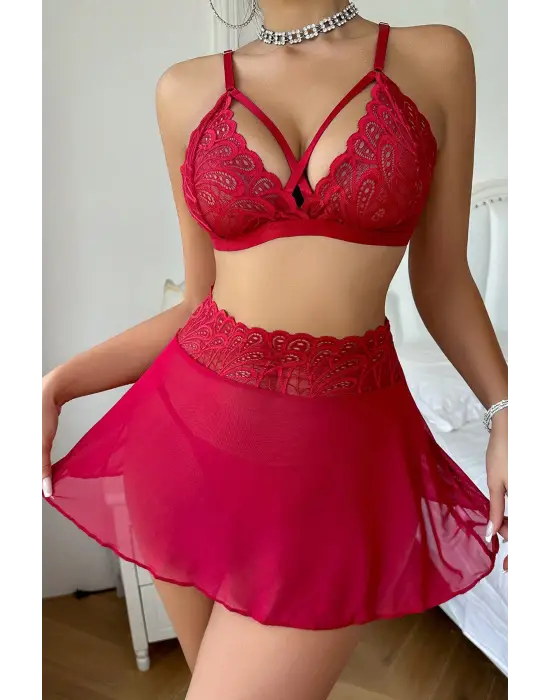 Omarı Kırmızı Dantelli Kadın Etek Takımı