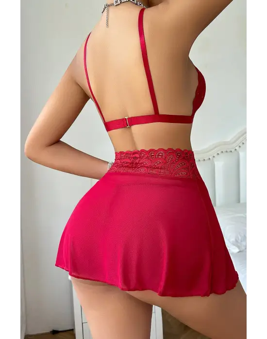 Omarı Kırmızı Dantelli Kadın Etek Takımı