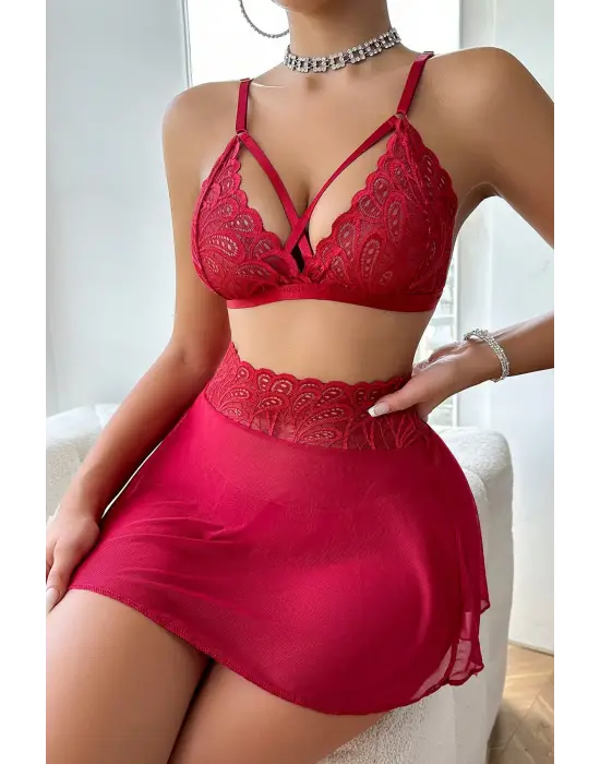 Omarı Kırmızı Dantelli Kadın Etek Takımı