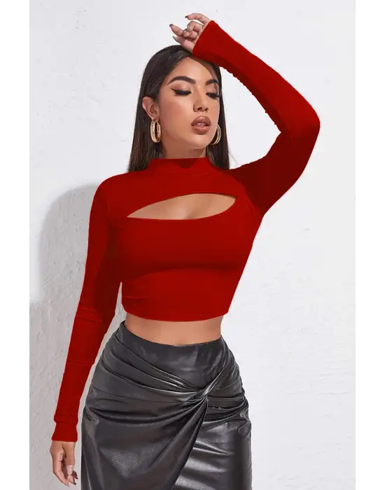 Omarı Kırmızı Göğüs Dekolteli Uzun Kollu Crop Top Bluz