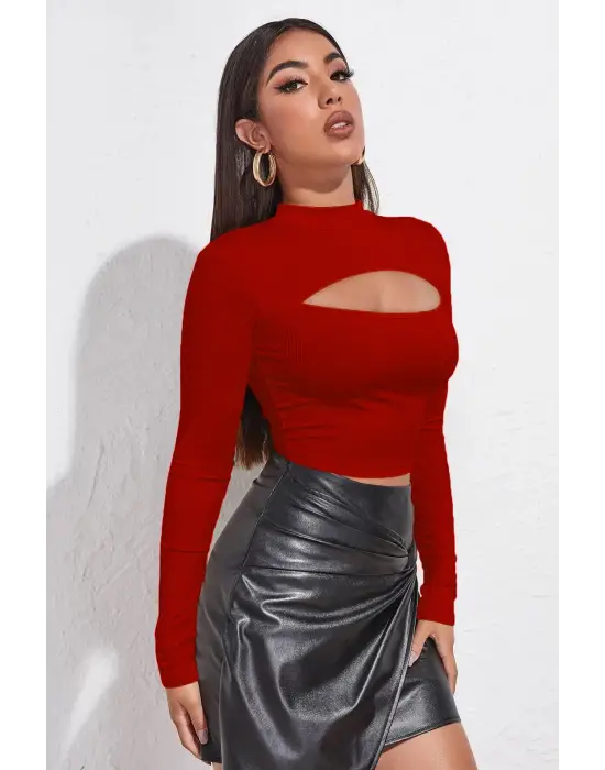 Omarı Kırmızı Göğüs Dekolteli Uzun Kollu Crop Top Bluz
