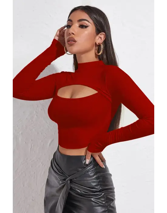 Omarı Kırmızı Göğüs Dekolteli Uzun Kollu Crop Top Bluz
