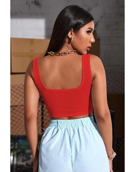 Omarı Derin V Yaka Kırmızı Crop Top - Şık ve Tarz