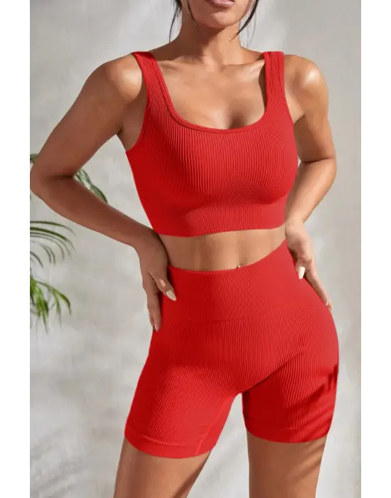 Omarı Kırmızı Kalın Askılı Yüksek Bel Gecelik Takımı