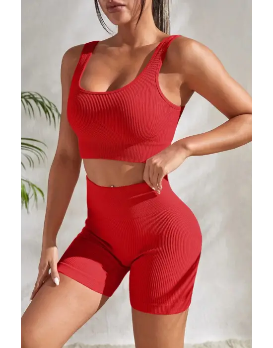 Omarı Kırmızı Kalın Askılı Yüksek Bel Gecelik Takımı