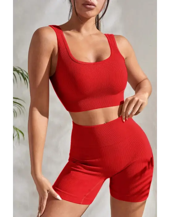 Omarı Kırmızı Kalın Askılı Yüksek Bel Gecelik Takımı