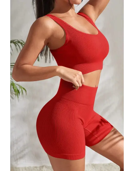 Omarı Kırmızı Kalın Askılı Yüksek Bel Gecelik Takımı