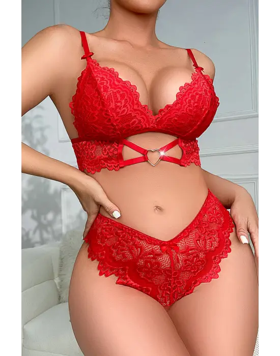 Omarı Romantik Kırmızı Kalp Detaylı Dantel İç Çamaşır Takımı
