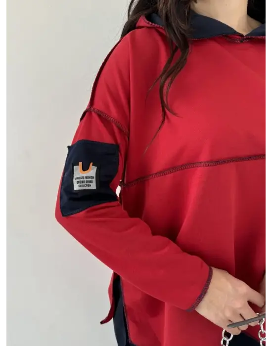 Kadın Kırmızı Kapşonlu Etek Ucu Detay Arma Ters Dikiş Gorunumlu Ikili Takım