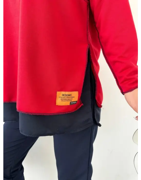 Kadın Kırmızı Kapşonlu Etek Ucu Detay Arma Ters Dikiş Gorunumlu Ikili Takım