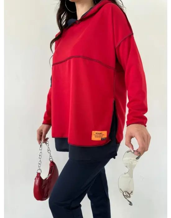 Kadın Kırmızı Kapşonlu Etek Ucu Detay Arma Ters Dikiş Gorunumlu Ikili Takım