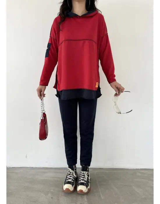 Kadın Kırmızı Kapşonlu Etek Ucu Detay Arma Ters Dikiş Gorunumlu Ikili Takım