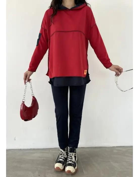 Kadın Kırmızı Kapşonlu Etek Ucu Detay Arma Ters Dikiş Gorunumlu Ikili Takım