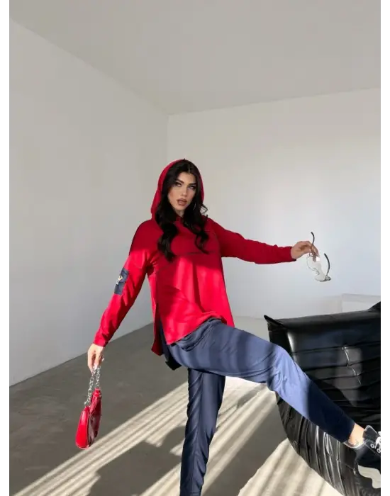 Kadın Kırmızı Kapşonlu Etek Ucu Detay Arma Ters Dikiş Gorunumlu Ikili Takım