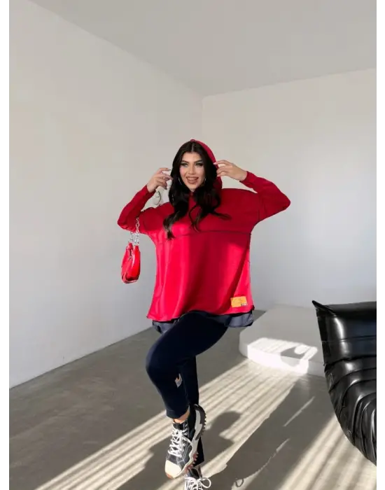 Kadın Kırmızı Kapşonlu Etek Ucu Detay Arma Ters Dikiş Gorunumlu Ikili Takım