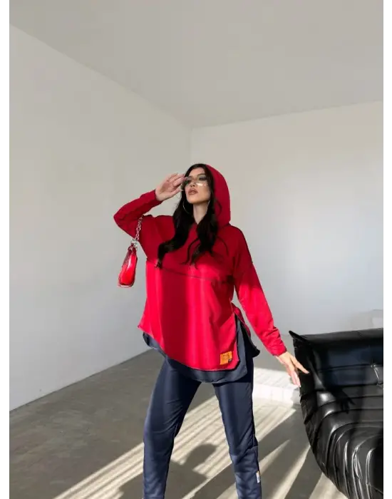 Kadın Kırmızı Kapşonlu Etek Ucu Detay Arma Ters Dikiş Gorunumlu Ikili Takım