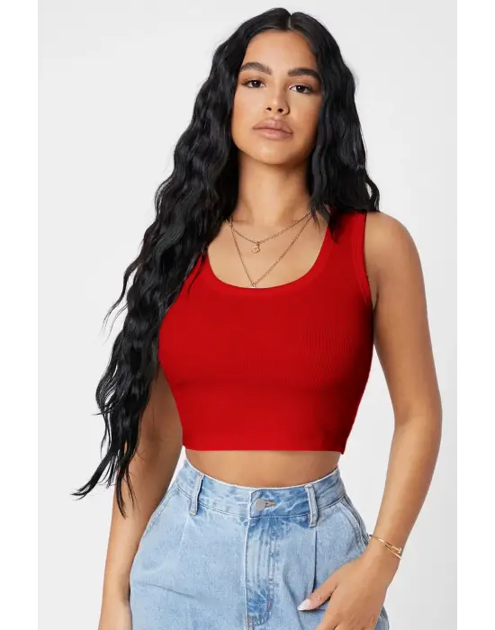 Omarı Kırmızı Kare Yaka Crop Top Bluz