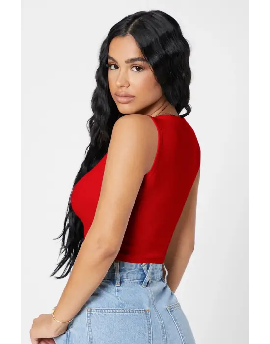 Omarı Kırmızı Kare Yaka Crop Top Bluz