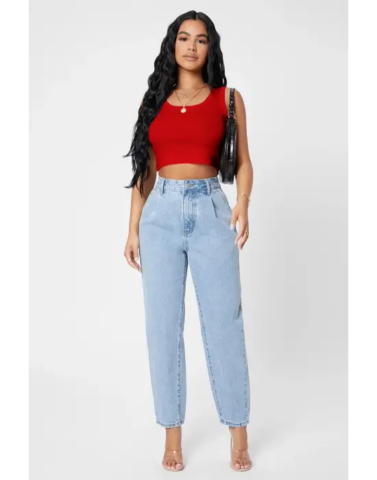 Omarı Kırmızı Kare Yaka Crop Top Bluz