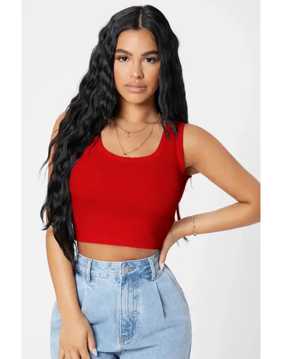 Omarı Kırmızı Kare Yaka Crop Top Bluz
