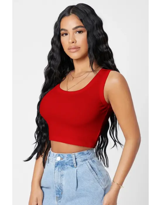 Omarı Kırmızı Kare Yaka Crop Top Bluz