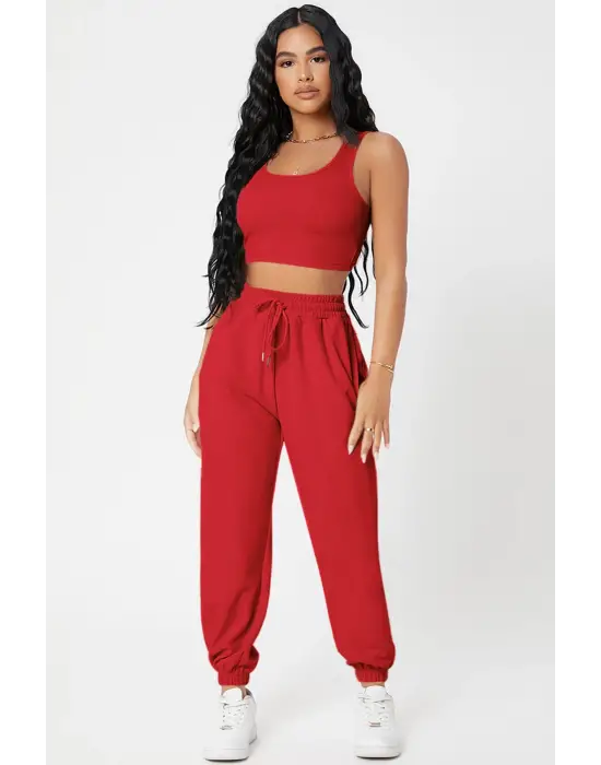 Omarı Kadın Kırmızı Jogger Eşofman Altı ve Crop Top Bluz Seti
