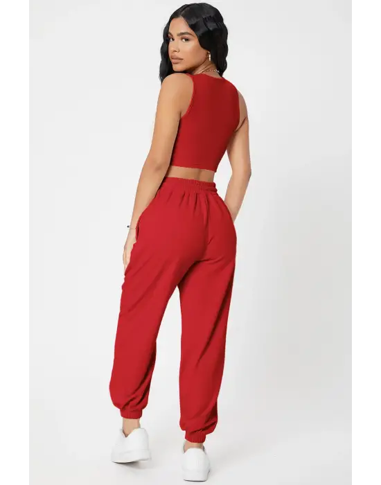 Omarı Kadın Kırmızı Jogger Eşofman Altı ve Crop Top Bluz Seti