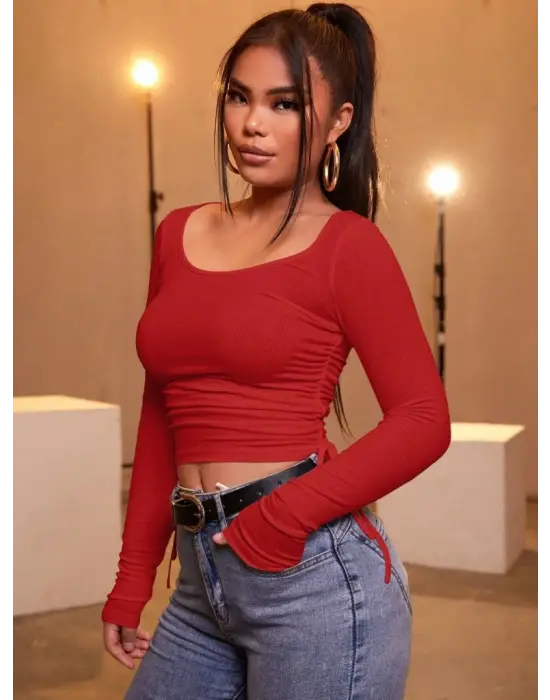 Kadın Kırmızı Kaşkorse Kumaş Bluz