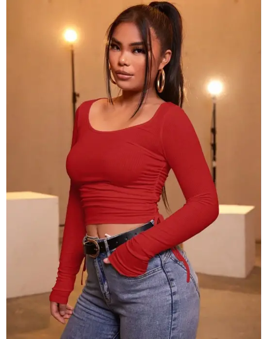 Kadın Kırmızı Kaşkorse Kumaş Bluz