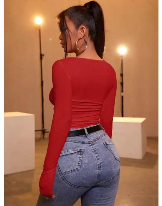 Kadın Kırmızı Kaşkorse Kumaş Bluz