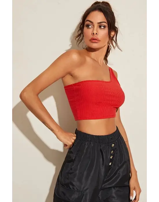 Omarı Şık Kırmızı Tek Omuz Crop Büstiyer