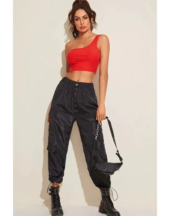 Omarı Şık Kırmızı Tek Omuz Crop Büstiyer