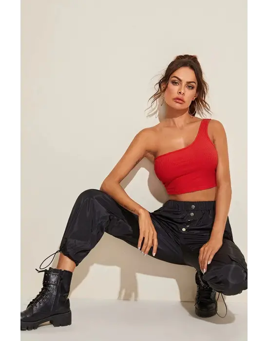 Omarı Şık Kırmızı Tek Omuz Crop Büstiyer