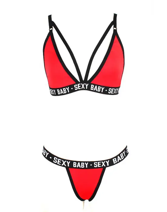 Omarı Yazı Detaylı Siyah Ipli Sütyen Takımı