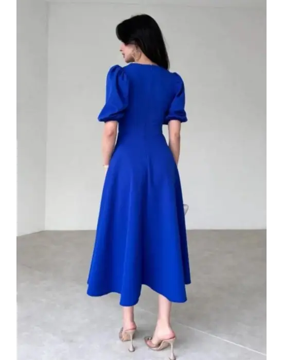 Kadın Kısa Balon Kollu Bisiklet Yaka Geniş Kesim Janjan Krep Elbise