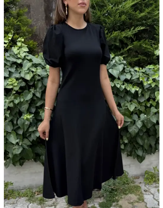 Kadın Kısa Balon Kollu Bisiklet Yaka Geniş Kesim Janjan Krep Elbise