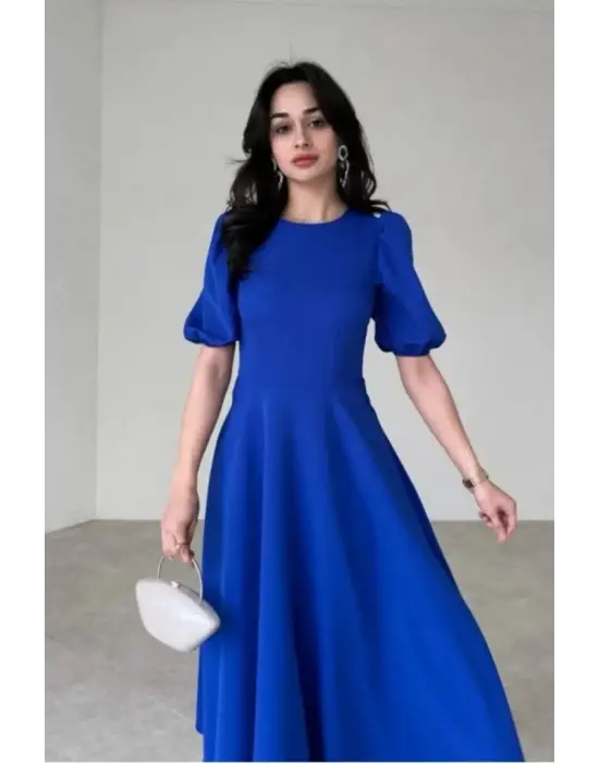 Kadın Kısa Balon Kollu Bisiklet Yaka Geniş Kesim Janjan Krep Elbise