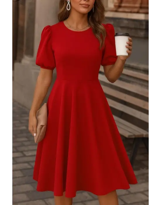 Kadın Kısa Balon Kollu Bisiklet Yaka Geniş Kesim Janjan Krep Elbise