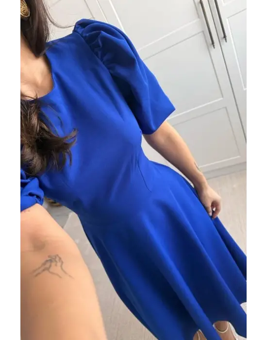 Kadın Kısa Balon Kollu Bisiklet Yaka Geniş Kesim Janjan Krep Elbise