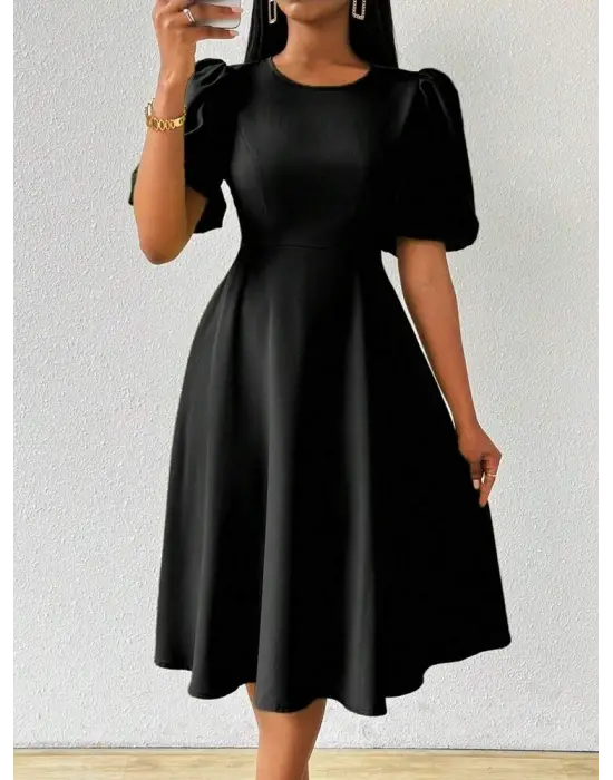 Kadın Kısa Balon Kollu Bisiklet Yaka Kiloş Janjan Krep Elbise