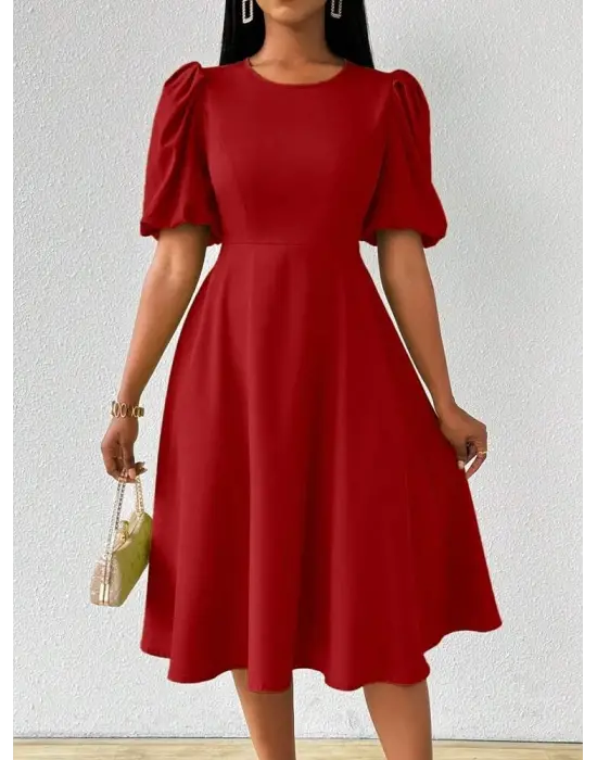 Kadın Kısa Balon Kollu Bisiklet Yaka Kiloş Janjan Krep Elbise