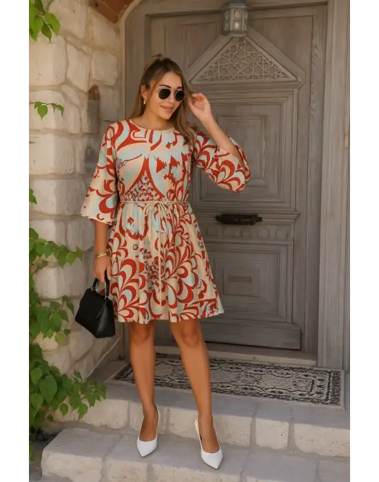 Kadın Kısa Balon Kollu Yuvarlak Yakalı Pileli Desenli Mini Elbise