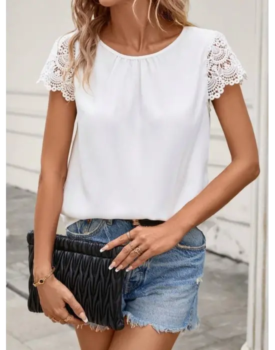 Kadın Kısa Dantel Kollu Bisiklet Yaka Sandy Bluz