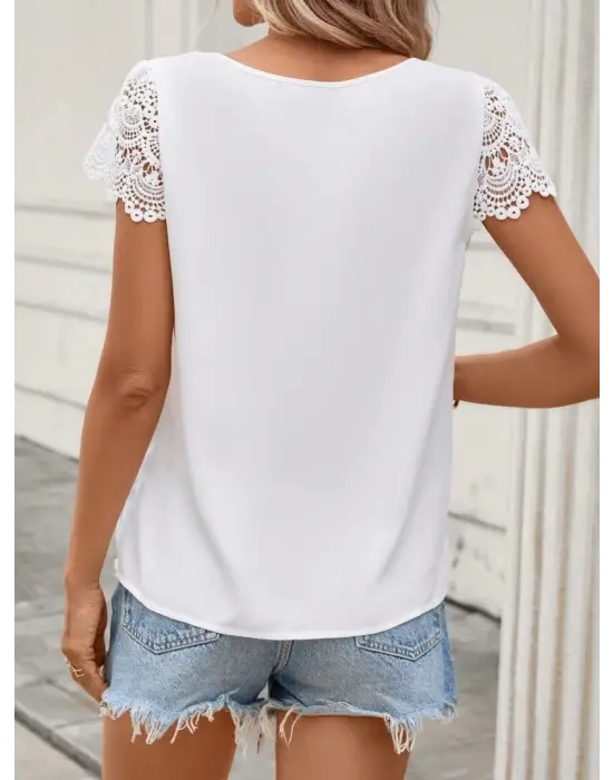 Kadın Kısa Dantel Kollu Bisiklet Yaka Sandy Bluz