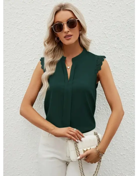 Kadın Kısa Dantel Kollu Hakim Yaka Ithal Krep Bluz