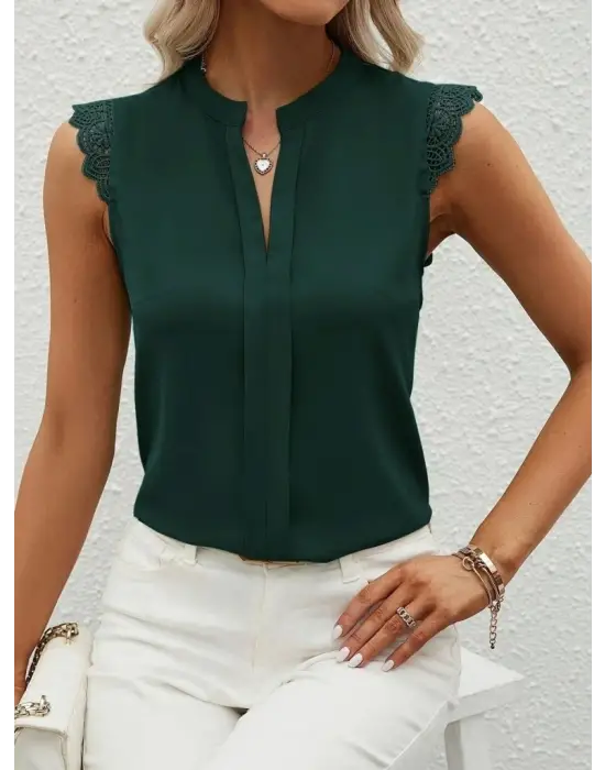 Kadın Kısa Dantel Kollu Hakim Yaka Ithal Krep Bluz